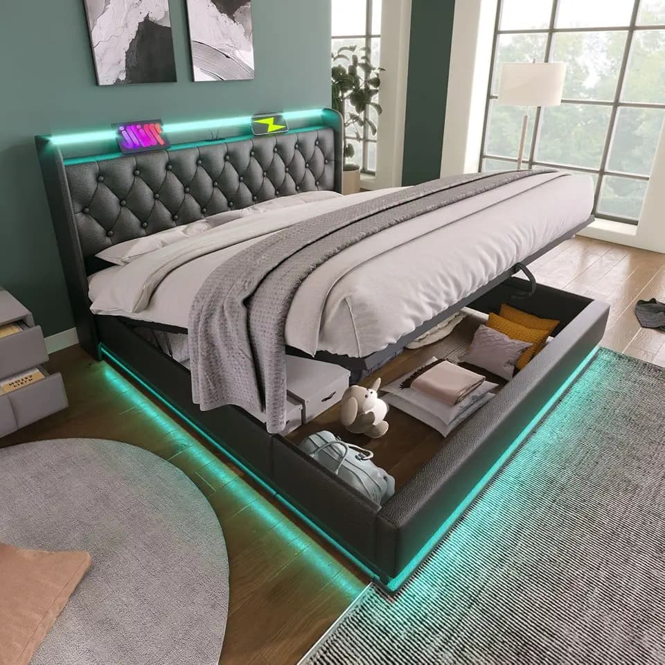 Merax Full Size Lift Up Storage Bed Frame with 360 Surround LED Lights, Buttons, Apps or Remote Control, USB Type-C Charging, Upholstered Headboard PU Platform, Black