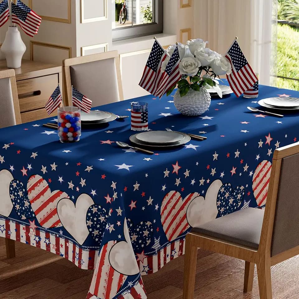 XCHI Stripe Stars Love Heart America Patriotic 4th of July Memorial Day Independence Day Tablecloth Rectangle Washable Table Covers for Home Party Decorations 60x84 Inch