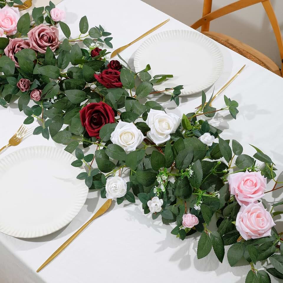 2 Pack Red White Rose Garland, 11.2 Ft Artificial Flower Vines for Decor