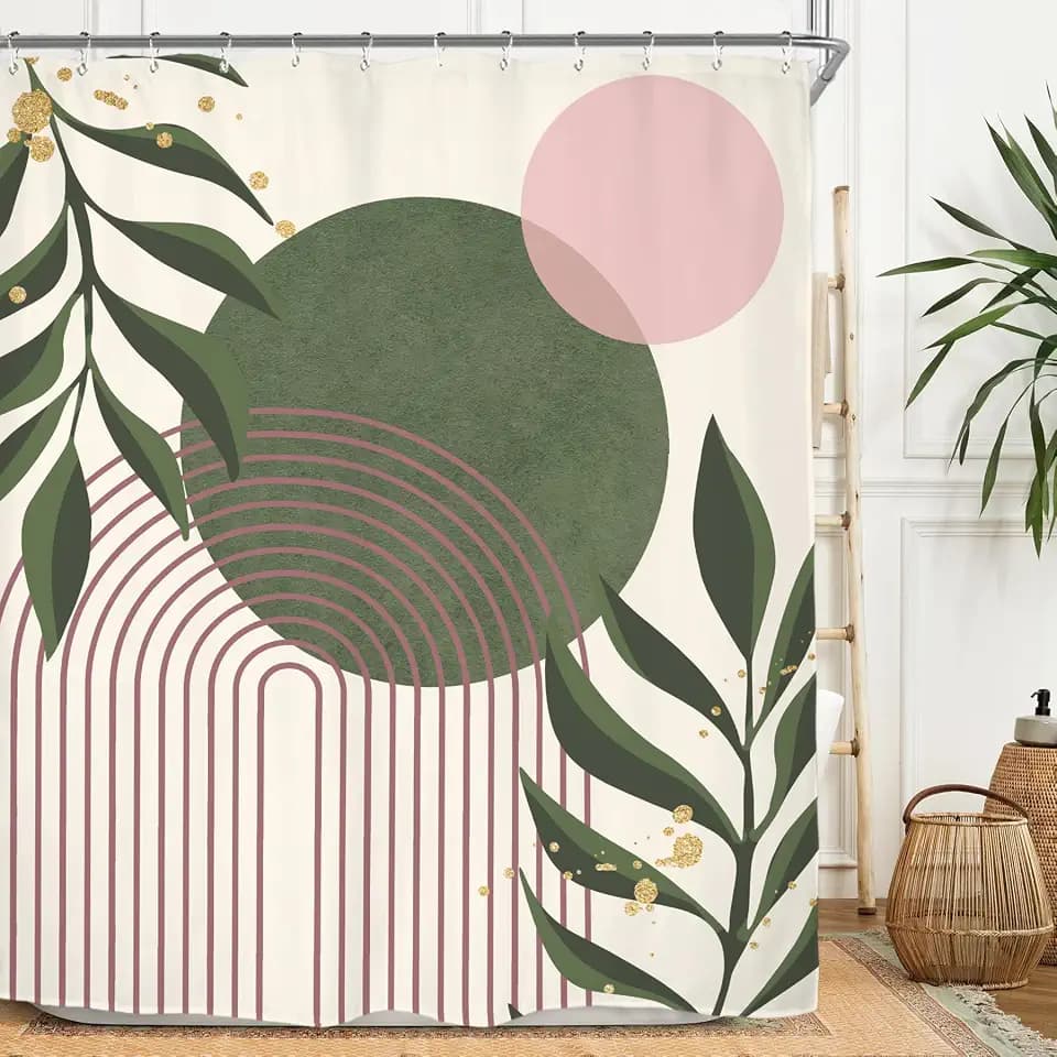 Miyotaa Abstract Minimalist Sage Green Pink Shower Curtain Set 60Wx71H Inches Aesthetic Modern Geometric Neutral Contemporary Plant Leaves Polyester Waterproof Bathroom Curtain with 12 Hooks