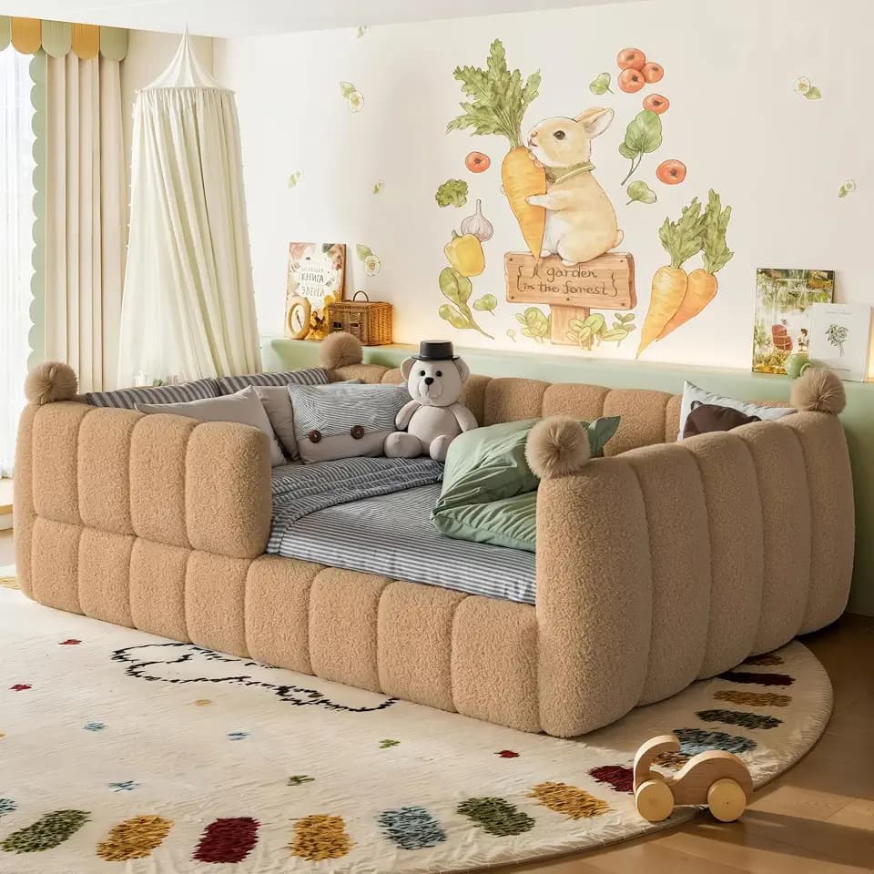 KEIKI Full Size Upholstered Montessori Floor Bed Frame with Full Surround Safety Rails, for Girls & Boys, Teddy Fleece Floor Bed with Slat, Easy Assembly, No Box Spring Required, for Bedroom, Natural