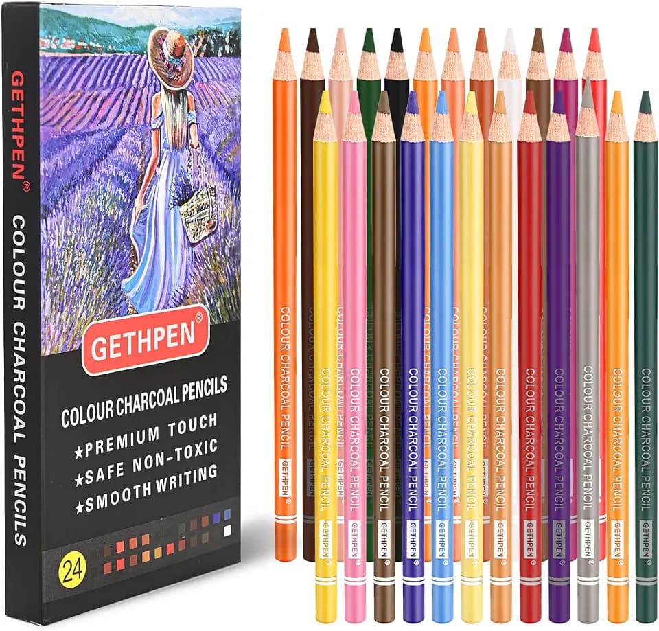 GETHPEN Colored Charcoal Pencil Set,Pastel Chalk Drawing Pencils,24 Colors