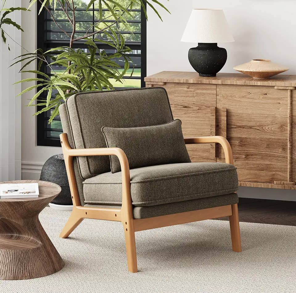 MALOL Accent Chair with Solid Wood Frame, Mid-Century Relaxing Armchair Lumbar Pillow& Soft Cushion, Reading Leisure Chair for Living Room, Bedroom, Waiting Room-Green