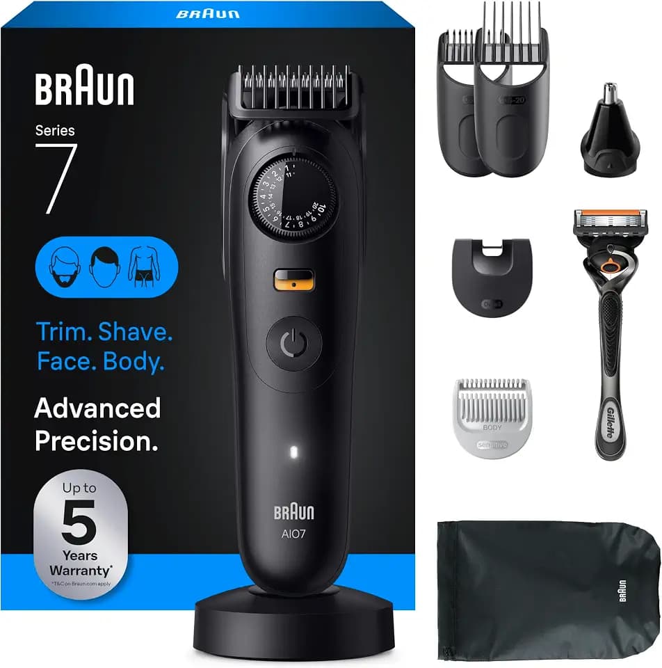 Braun All-in-One Series 7 Men's Electric Beard Trimmer, Hair Clipper, Shaver & Razor for Face, Hair & Body, All-in-One AIO 7535 with Gillette ProGlide Razor, Cordless