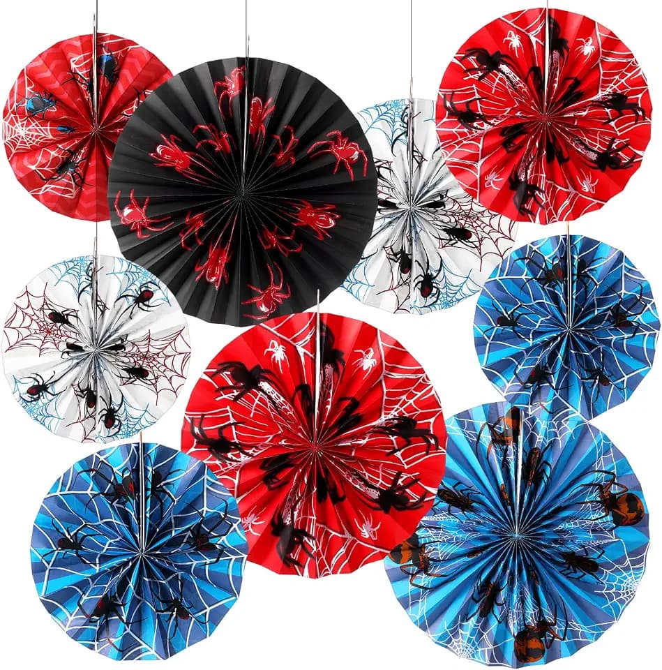 Outus 9 Pcs Spider Paper Fans Themed Birthday Party Hanging Decor