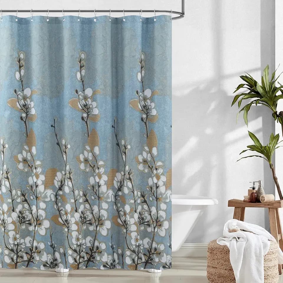 Fabric Floral Shower Curtain, Blue Brown Plant Flower Shower Curtains for Bathroom, Decorative Waterproof Bathroom Curtains, 62" W x 72" H