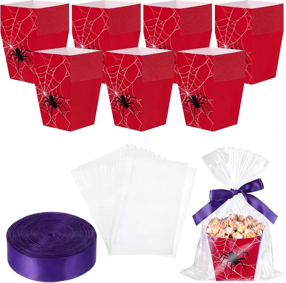 Pajean 24 Sets Spider Popcorn Boxes with Cellophane Bags and Ribbon