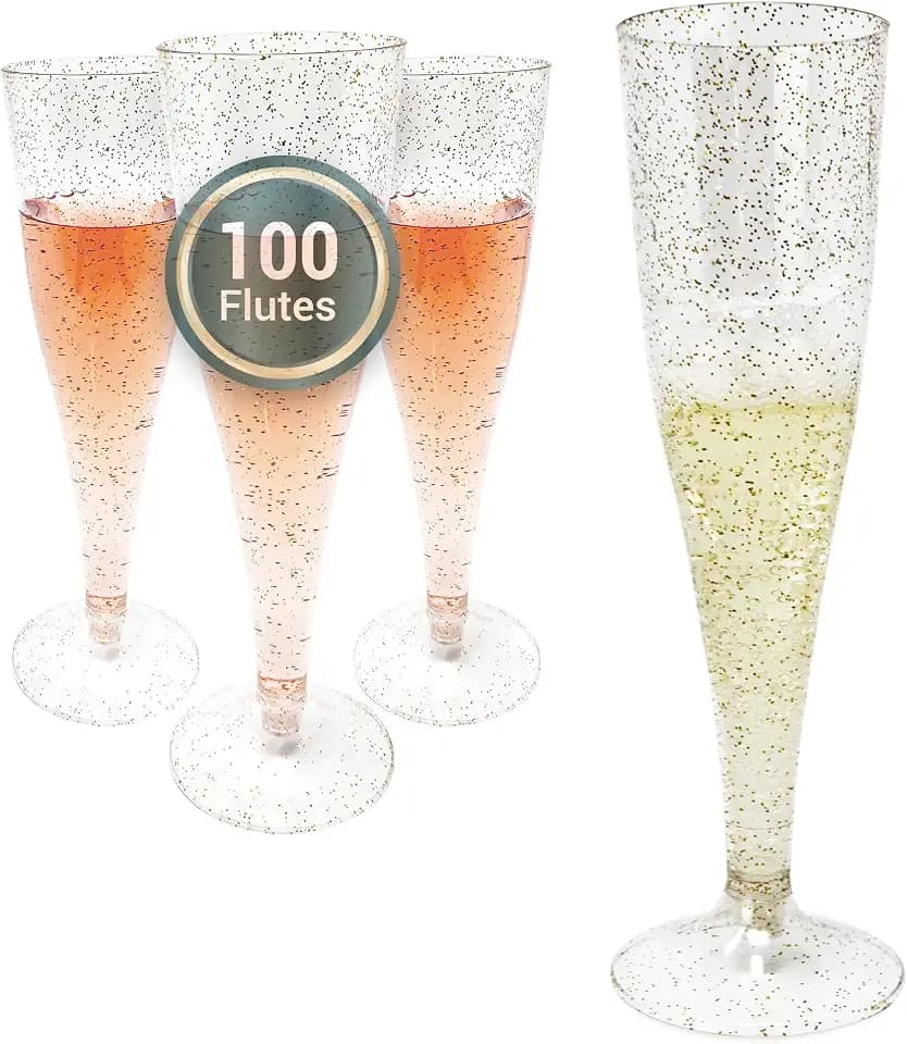 Reli. Champagne Flutes Plastic | 100 Pack | 4.5 oz - Gold Glitter