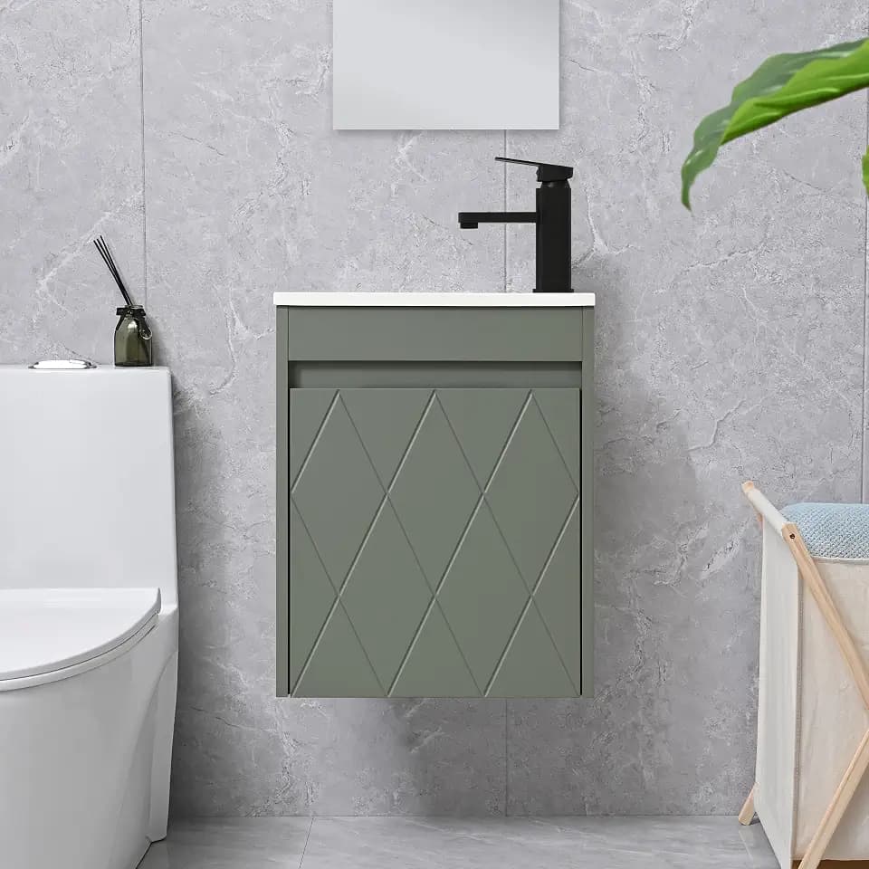 16" Bathroom Vanity Sink Combo for Small Space, Wall Mounted Bathroom Cabinet Set with White Resin Basin Sink Top Black Faucet Pop Up Drain Green