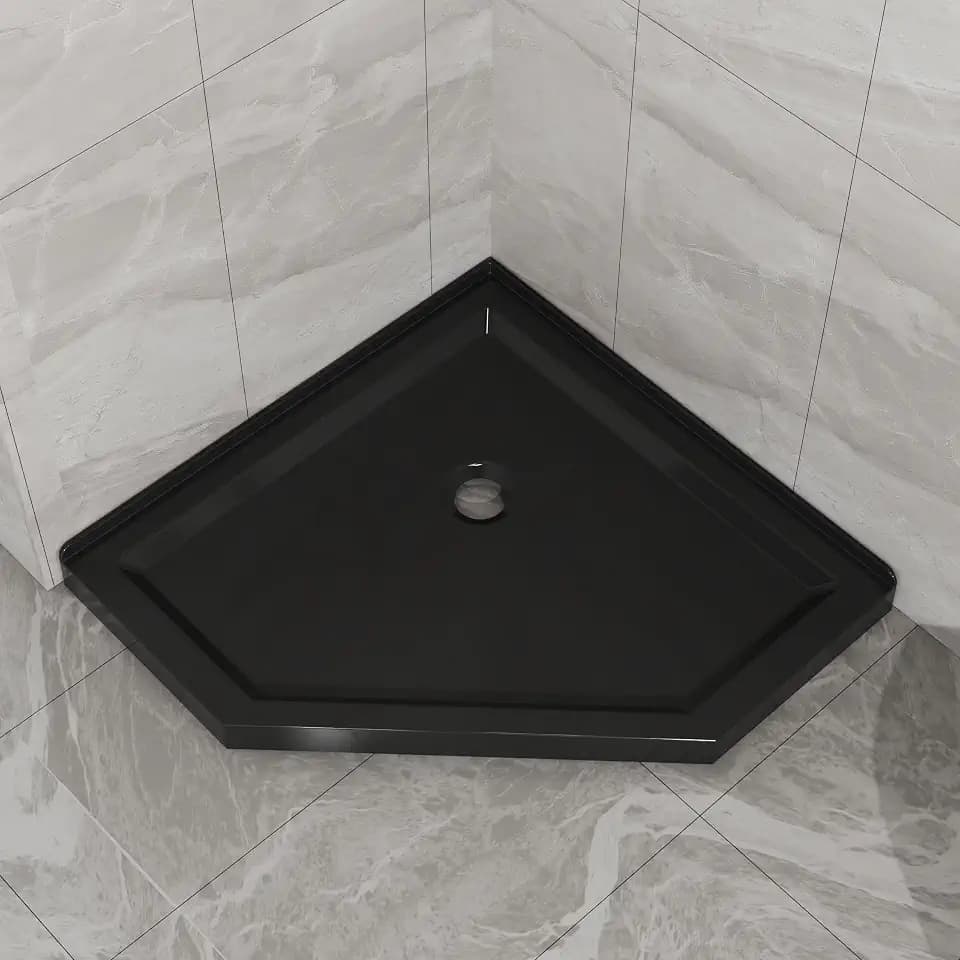 KEIKI 36" x 36" x 3.4" Corner Drain Neo-Angle Shower Base, Premium Acrylic and ABS Construction, Pre-Leveled Design for Easy Installation, Fits 2-Wall Corner, Black