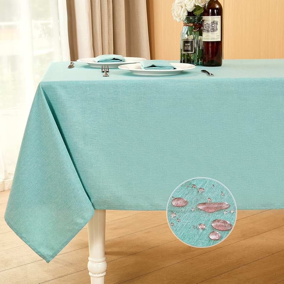 Mebakuk Rectangle Table Cloth Linen Farmhouse Tablecloth Waterproof Anti-Shrink Soft and Wrinkle Resistant Decorative Fabric Table Cover for Kitchen (Turquoise Blue, 60" x 104" (8-10 Seats))