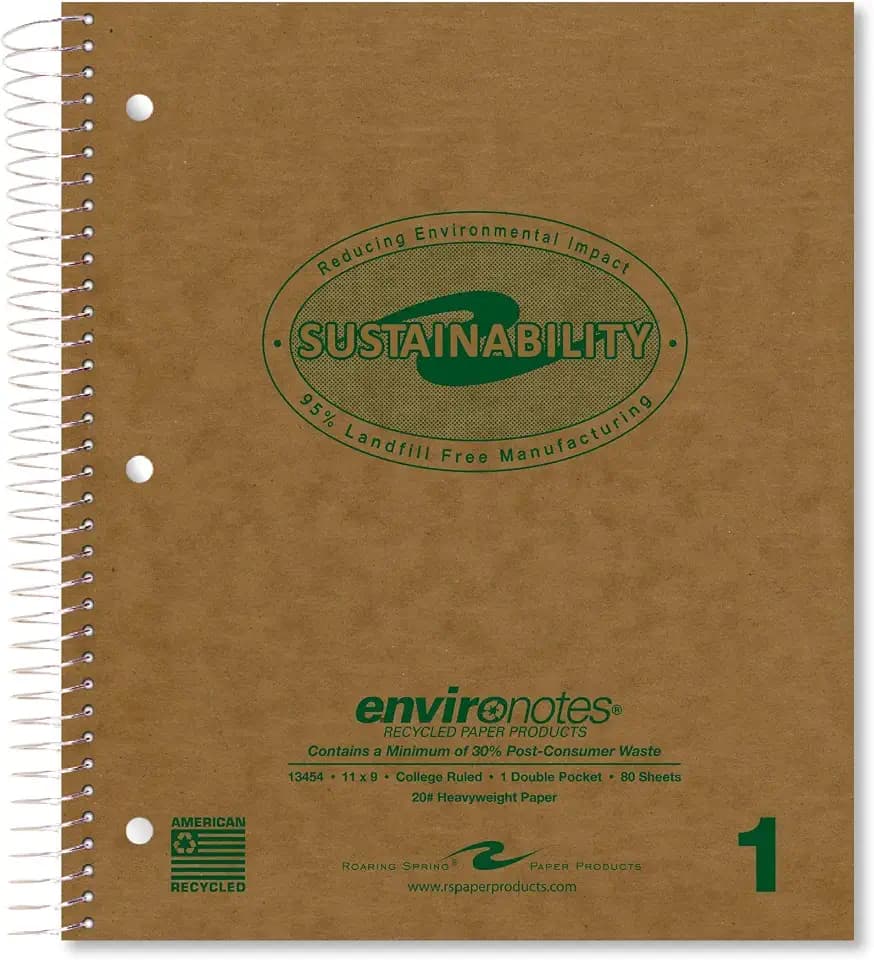 ROARING SPRING Environotes Recycled Spiral Notebook, College Ruled 1 Subject Notebook, 11" x 9", 80 Perforated Sheets, 20 lb Recycled Paper, Double Pocket, 3 Hole Punched, Made in USA