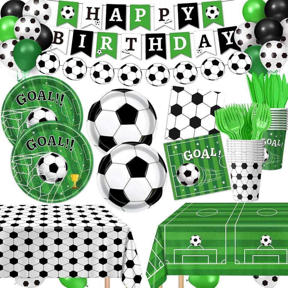 170 PCS Soccer Party Decorations, Soccer Birthday Party Decorations - Includes Plates, Napkins, Cups, Banner, Balloons, Tablecloth, Knives, Forks for Sports Soccer Theme Party Decorations, Serve 24