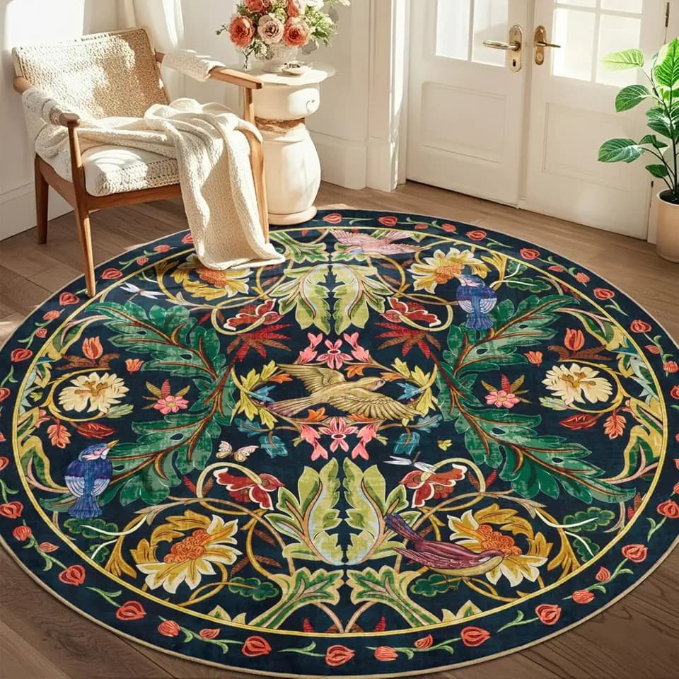 nesrt Washable Round Area Rugs 6ft for Living Room, Soft Non-Slip Boho Circle Kids Bedroom Rug, Low Pile Floral Woodland Birds Throw Carpet for Dining Room Nursery Playroom (Dark Green)