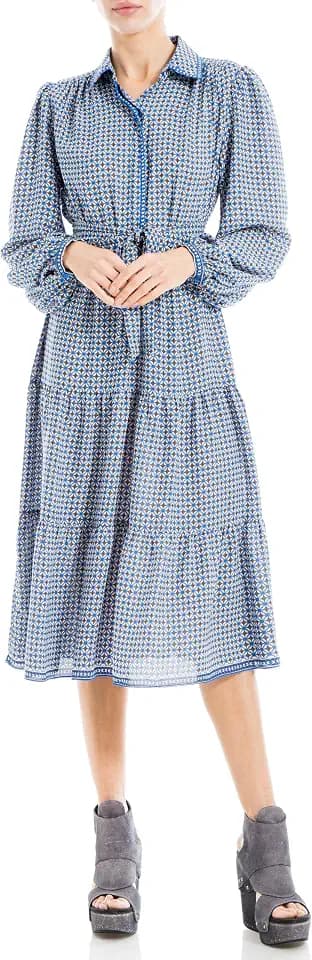Max Studio Women's Long Sleeve Tiered Midi Shirt Dress