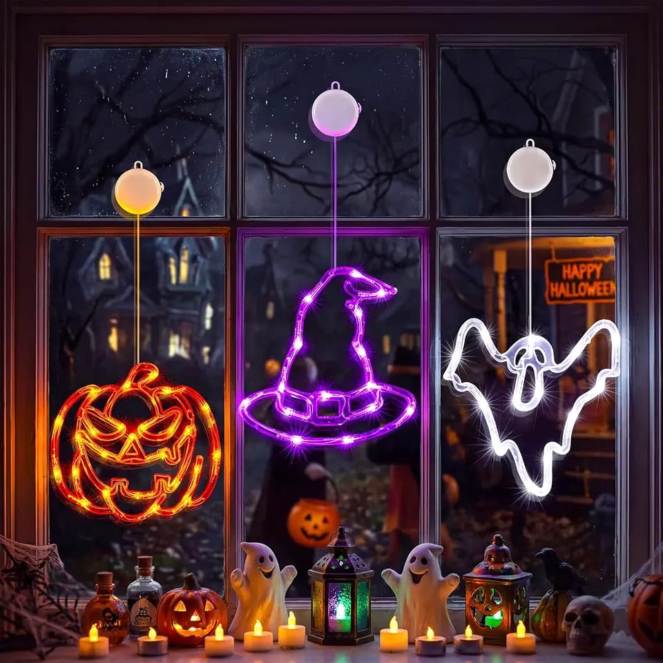 Minetom 3 Pack Halloween Windows Lights - Pumpkin, Ghost, Hat with Timer