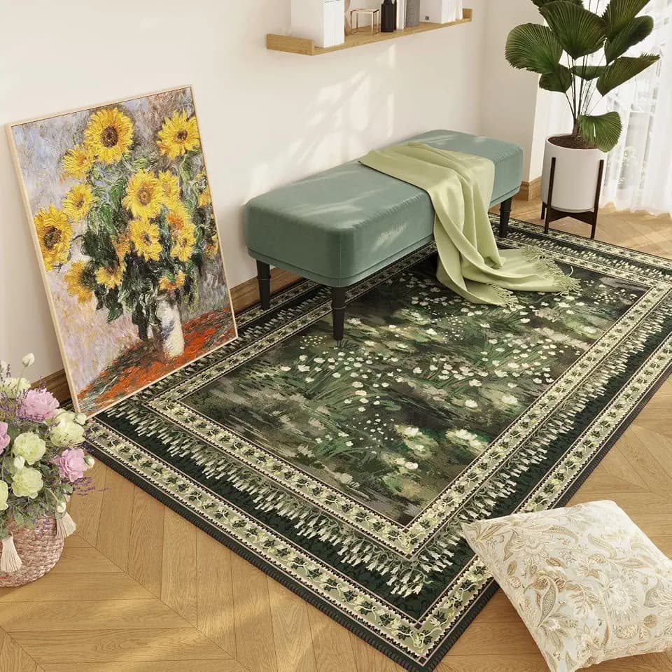 Rugcomf Area Rug 4x6 Washable Non Slip Vintage Impressionist-Style, Green