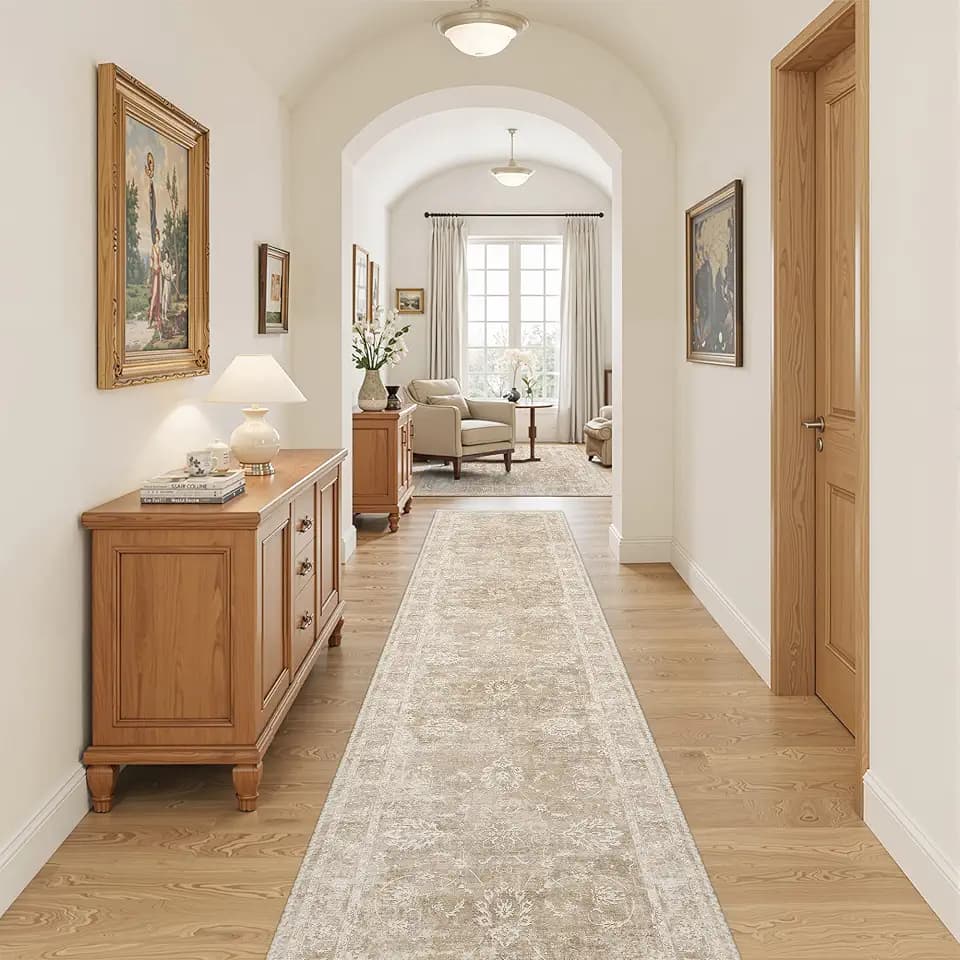Madane Runner Rug 2x10 for Hallway, Kitchen Non-Slip Runner Rug Beige/Brown