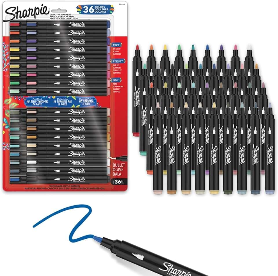 Sharpie Creative Markers Variety Pack, Water-Based Acrylic Paint Markers, Bullet Tip, Assorted, 36 Count