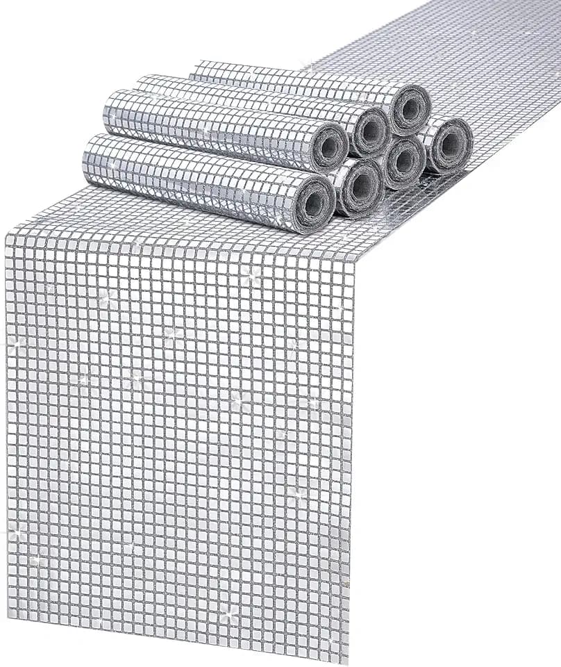MoKoHouse Glitter Disco Party Table Runner: 8 Packs 13 x 72 Inches - Silver Mirror Sequin Table Runners for Retro 70s 80s Theme Disco Ball Birthday Bachelorette Dance Party Supplies Table Decorations