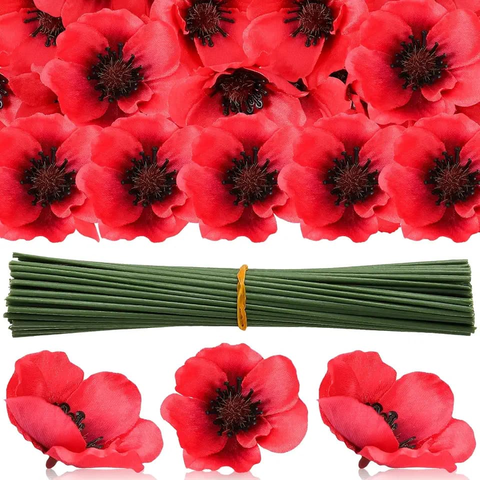 Augshy 75 Pcs Artificial Poppy Flowers, Red Fake Poppies Head and Stakes