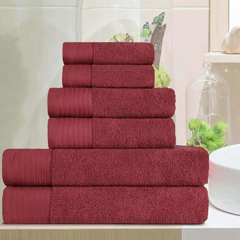 Superior Turkish Cotton Herringbone Solid 6-Piece Towel Set, Ultra Plush Towels for Bathroom, Shower, Spa, Home Accessories, Includes Face, Hand, Bath Towels, Apartment, Airbnb Basics, Maroon