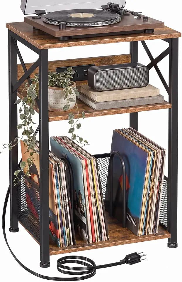 AMHANCIBLE Record Player Stand with Charging Station, Vinyl Record Storage
