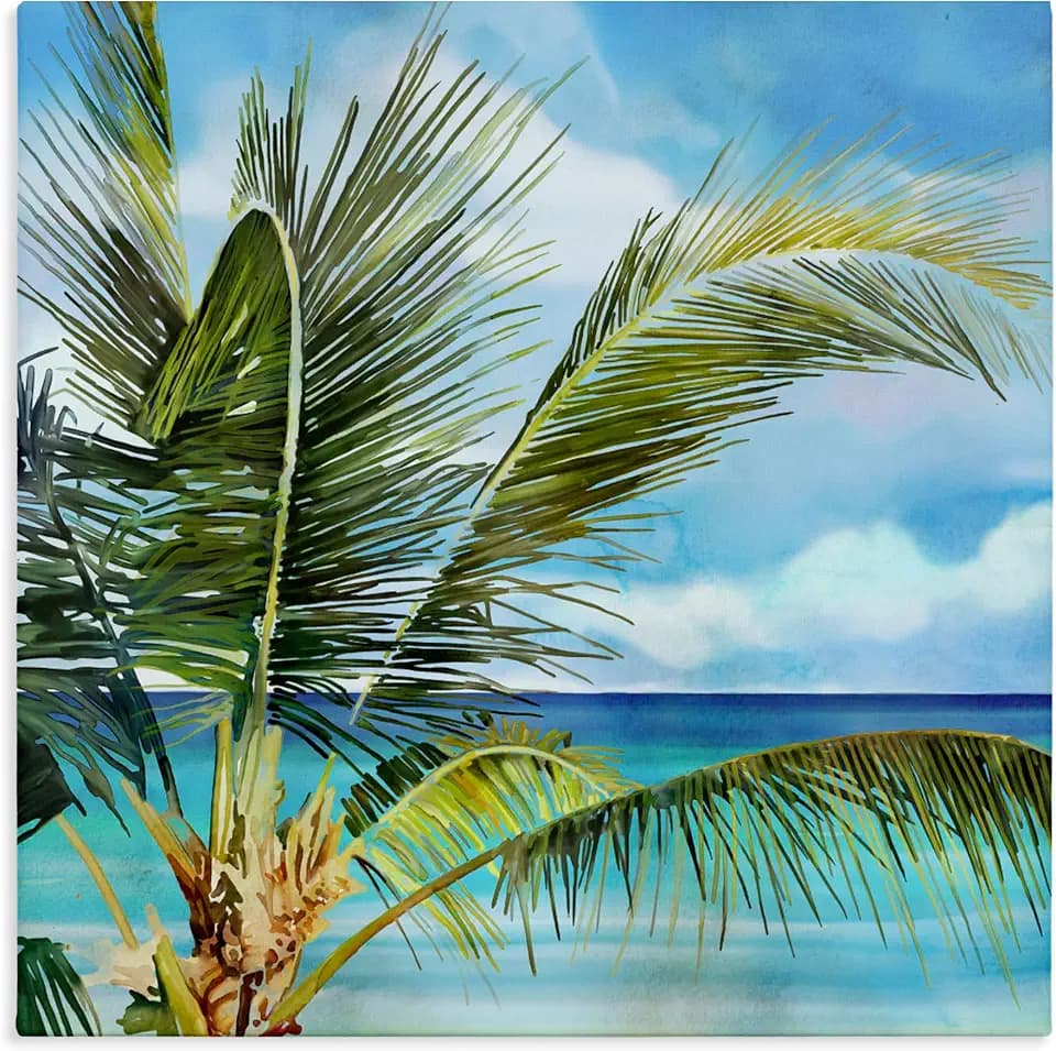 Lush Palm Watercolor Coastal View, 36 x 36 Inch Canvas Wall Art