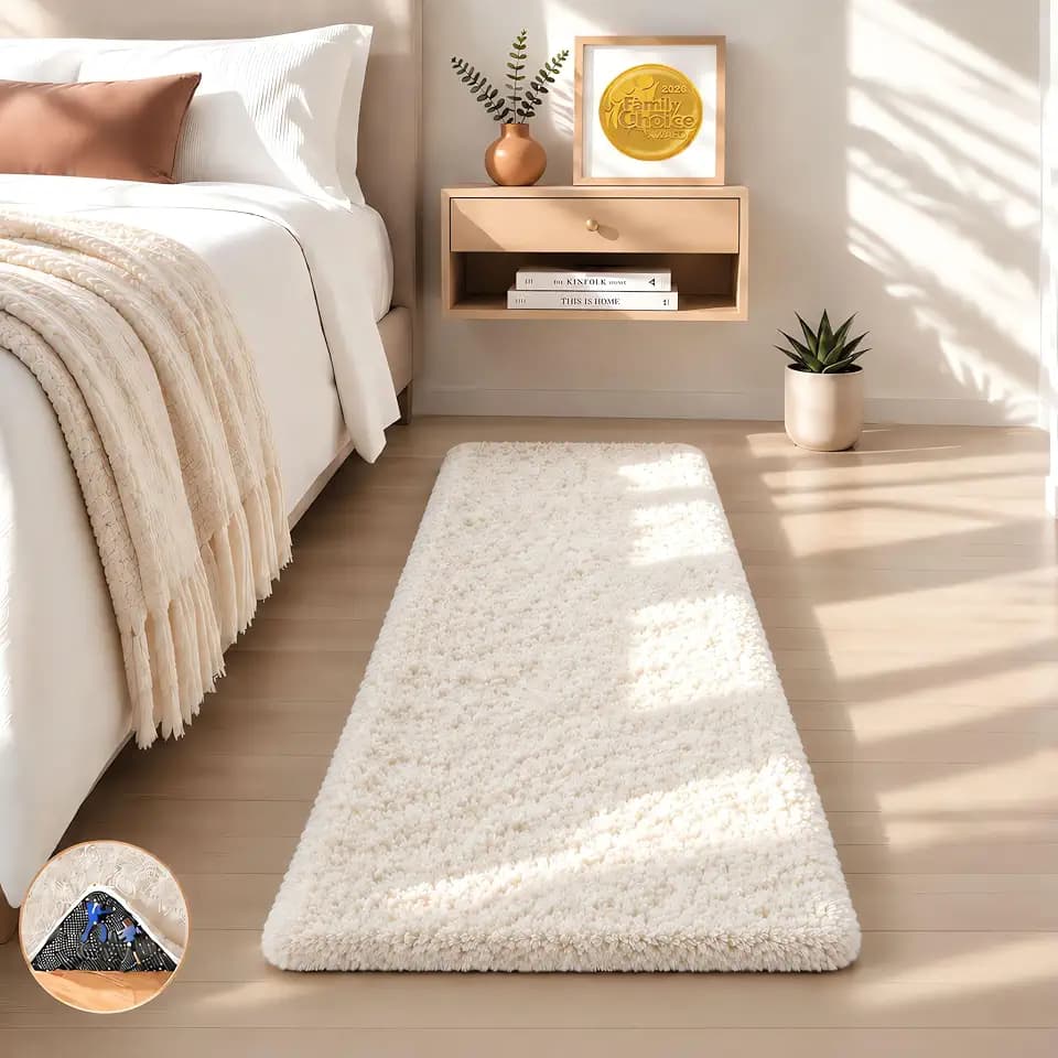 Ophanie Runner Rug for Hallway, 2x6 Upgrade Non-Slip Fluffy Soft Bedside Rugs, Bedroom Living Room Ivory Shaggy Carpet for Kids Girls Boys Dorm Nursery Home Decor Aesthetic