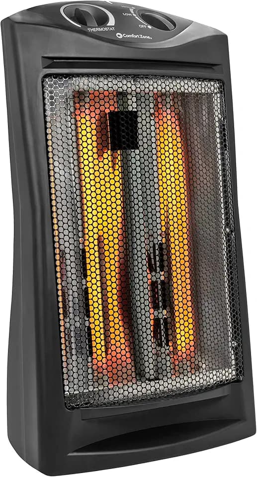 Comfort Zone Space Heaters for Indoor Use, Portable Electric Heater, Adjustable Thermostat, Infrared Heat, Quartz Tower Space Heater with 2 Heat Settings, Bedroom Heater, Black