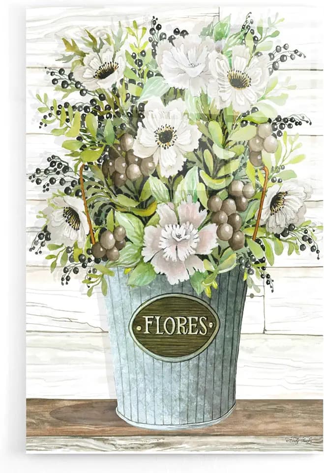Epic Art 'Flores Galvanized Bucket' by Cindy Jacobs, Acrylic Glass Wall Art, 16"x24"