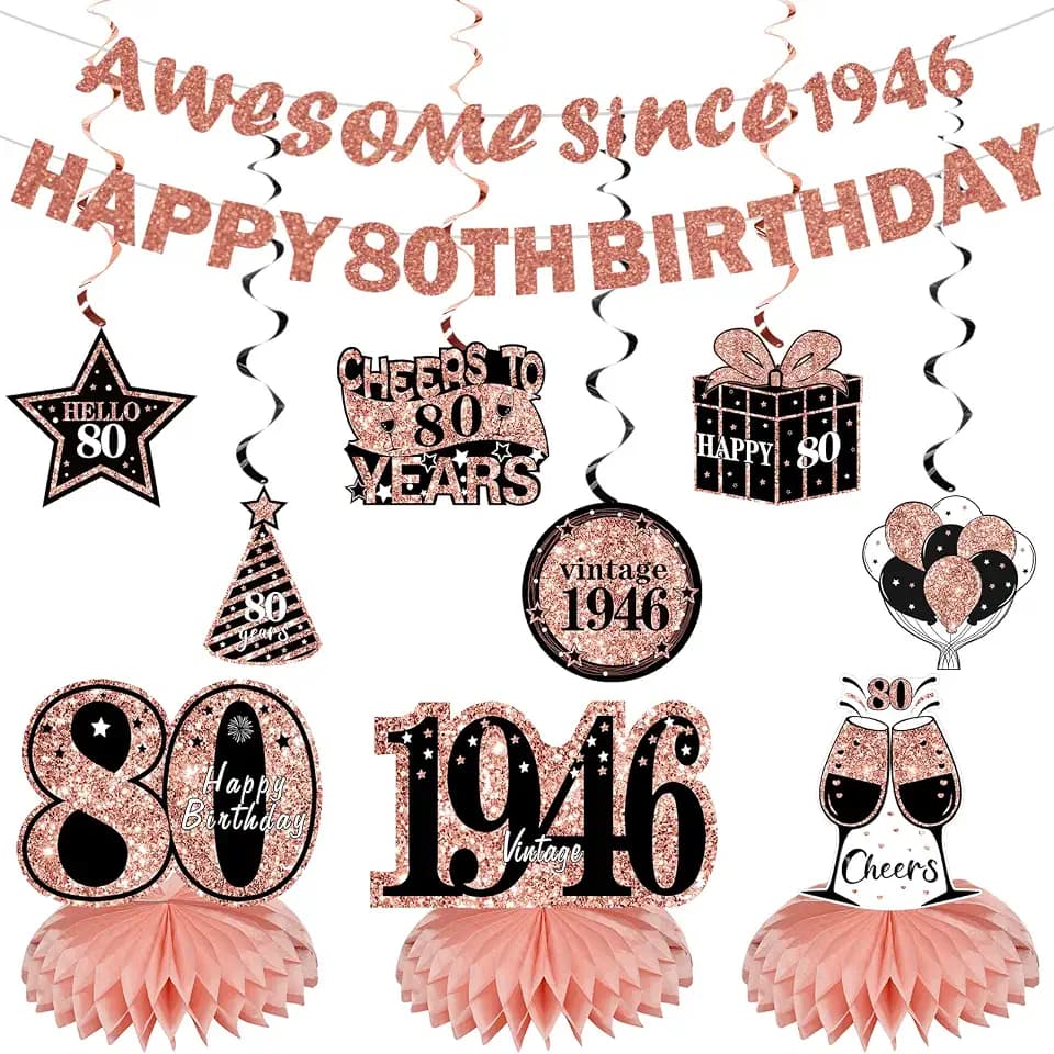 Kuxriox 80th Birthday Decorations for Women, Happy 80th Birthday Banner