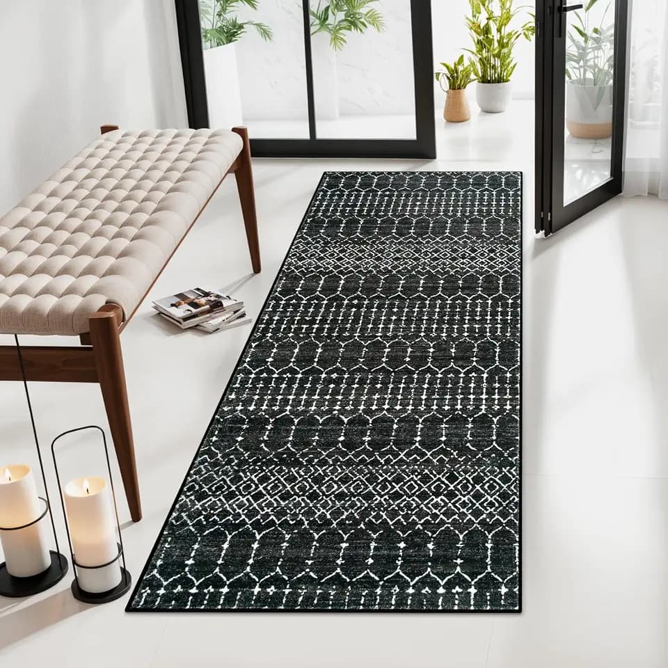 Lahome Moroccan Black Area Rug Non-Slip Low-Pile Washable Entryway Rug Kitchen Bath Mat 2'x4' Geometric Print Carpet for Hallway Bedroom Hana