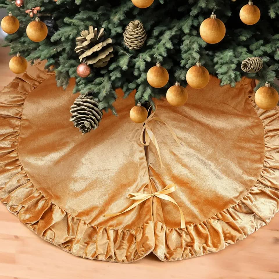 36'' Ruffled Velvet Christmas Tree Skirt Vintage Gold Xmas Decor