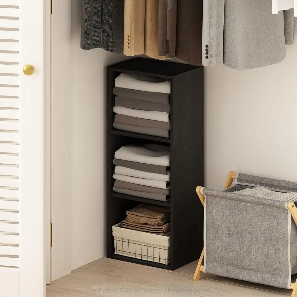 Furinno Reed Closet Organizers and Storage, 3-Tier Closet Organizer, Open Shelf Closet Storage, for Wardrobe, Bedroom, Living Room, Blackwood
