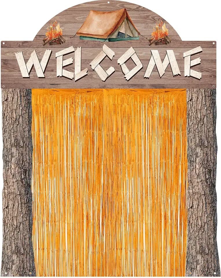 Peryiter 5 Pcs Camping Party Decorations Set, Camp Welcome Arch Banners, Orange Foil Fringe Curtains, Double-sided Tape for Campfire Theme Birthday, Photo Booth & Entrance Backdrop Birthday Decoration