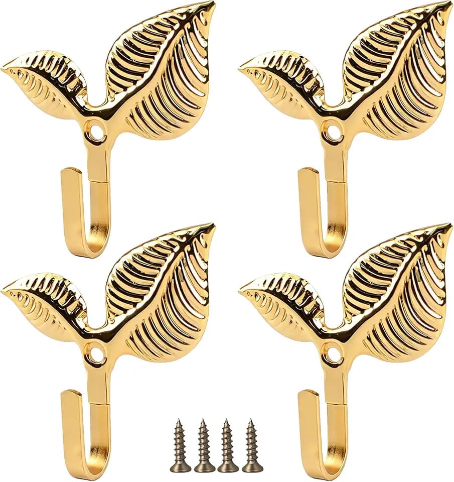 Set of 4 Vintage Leaf Wall Hooks Golden Metal Coat Hooks Heavy Duty Decorative Iron Hook Wall Mounted Hangers for Hanging Towels Coats Hats Scarf Bags Keys Home Decor for Kitchen Bathroom Entryway
