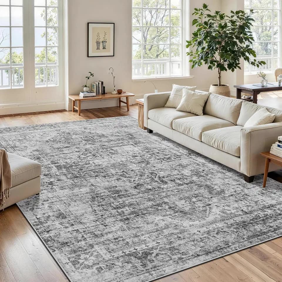 Washable Rug 9x12 for Living Room - Black Grey Vintage Stain Resistant Large Area Rug for Bedroom Dinning Room - Soft Faux Wool Non Slip Low Pile Carpet for Nursery Home Office Decor
