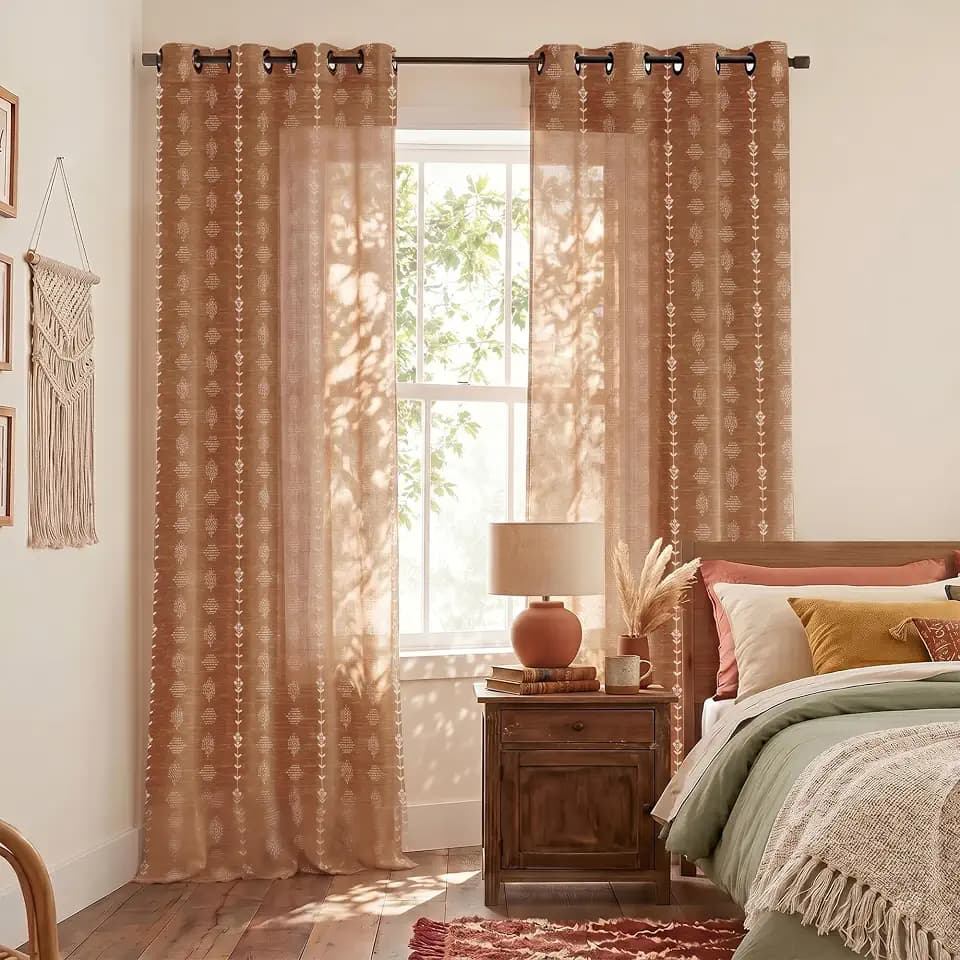 Boho Light Filtering Sheer Curtains 96 Inches Long 2 Panel Set, Floor to Ceiling Faux Embroidered Patterned Linen Drapes, Vintage Terracotta Indian Floral Block Print Curtains for Living Room Bedroom