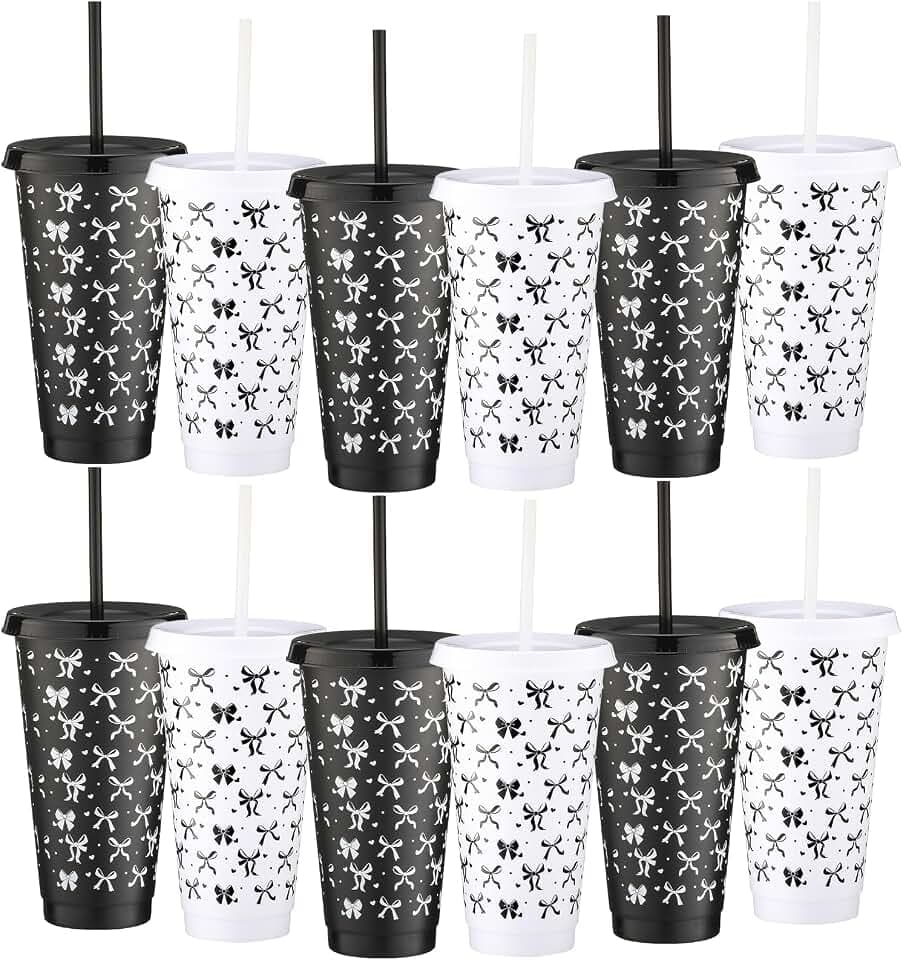 Pickmesh 12 Pcs 24 oz Black and White Bow Plastic Cups with Lids and Straws Bulk Gift Coquette Reusable Coffee Cups Tumbler Decoration Birthday Wedding Baby Shower Party Supply