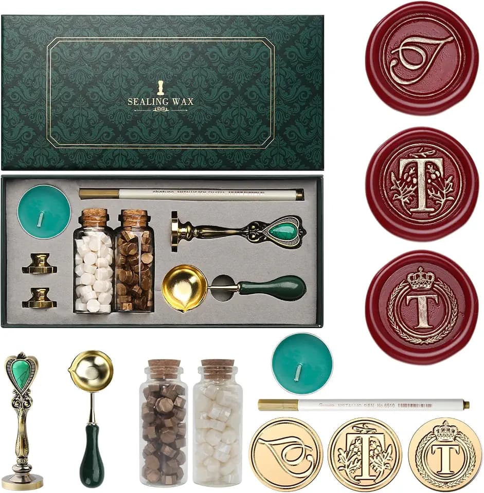 Letter Wax Seal Kit with Initial Alphabet T Wax Seal Stamp Head 3pcs, Pearl White and Vintage Gold Stamp Sealing Beads, Spoon, Metallic Gold & Silver Pen, Vintage Gift Box Set