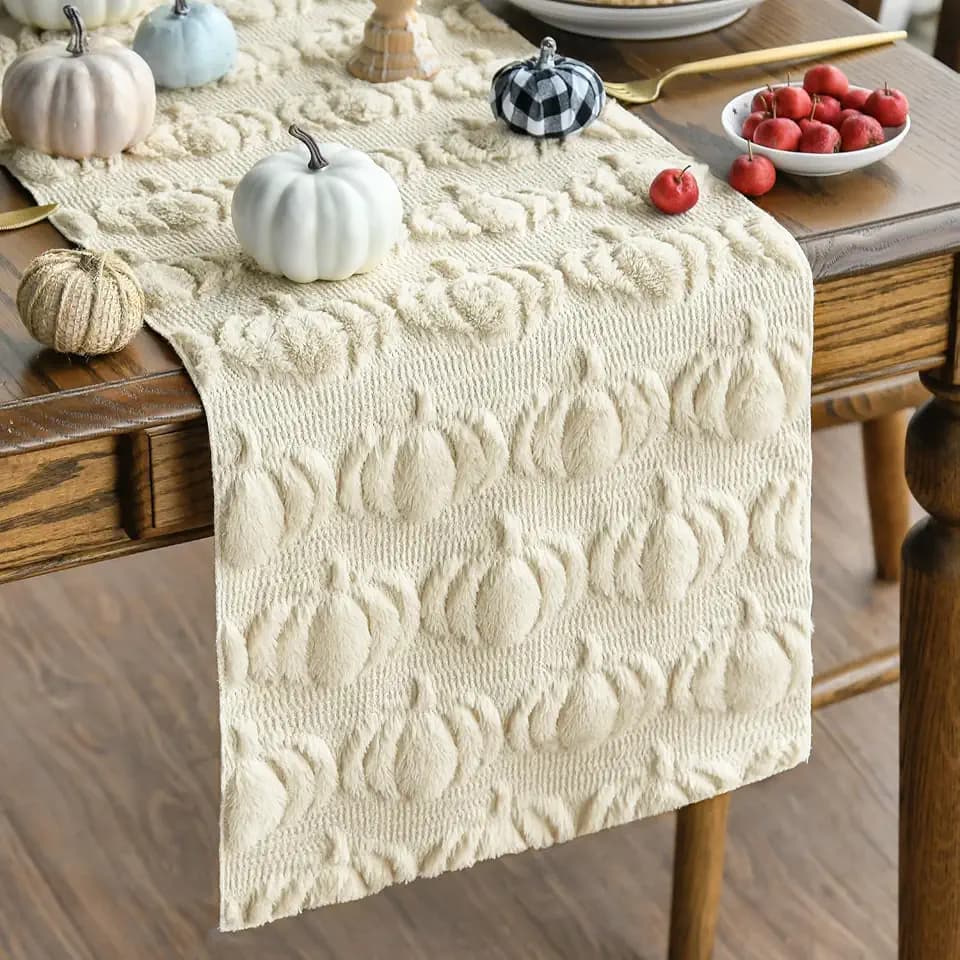 Artoid Mode Beige Soft Faux Fur Pumpkins Fall Table Runner 13x48 Inch