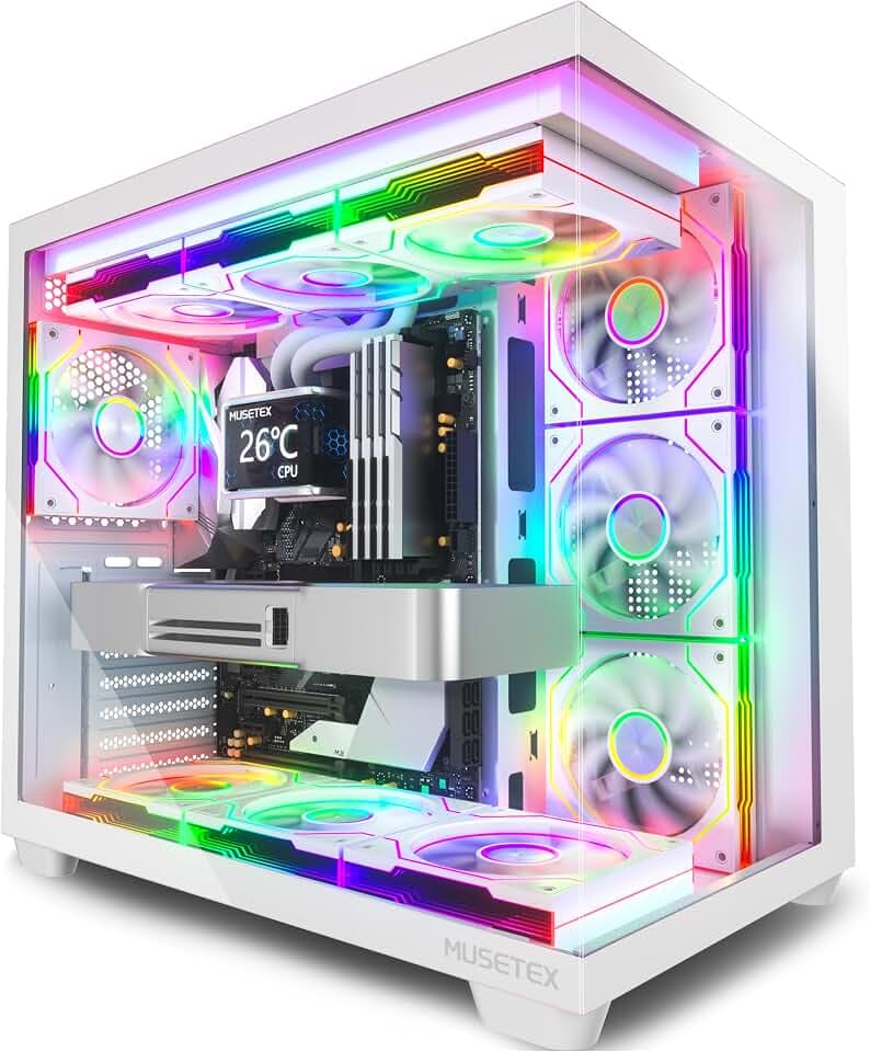 MUSETEX Y6 PC Gehäuse Vorinstallation 7 Infinity Mirror PWM ARGB-Lüfter, ATX Mid Tower Computer Gehäuse, Gaming PC Gehäuse mit Type-C, 270° Full View Tempered Glass, Weiß