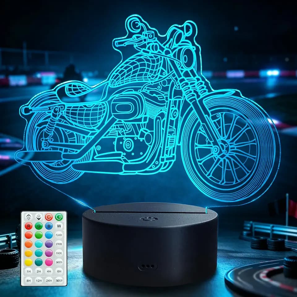 Motorcycle Gifts, Motorcycle Night Light, Motorbike 3D Illusion Lamp, 16 Colors Changing, Timer, 4 Flash Modes and Dimmable,LED, Kids Room Decoration, Xmas Birthday Gifts