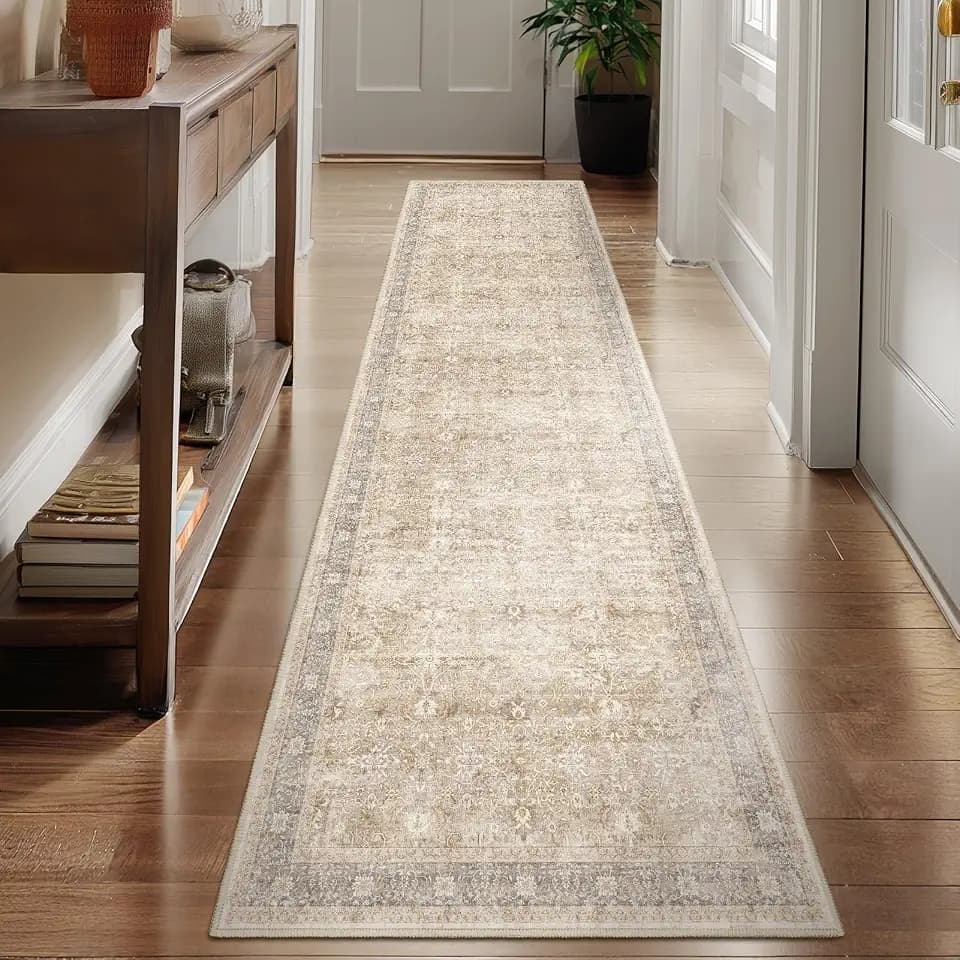 Earth Beige 2x8 Kitchen Runner, Washable Non Slip Runner Rug for Hallway Entryway, Lightweight Ultra Thin Low Pile Carpet Runner for Bathroom/Mudroom/Corridor/Laundry Room, Vintage Neutral