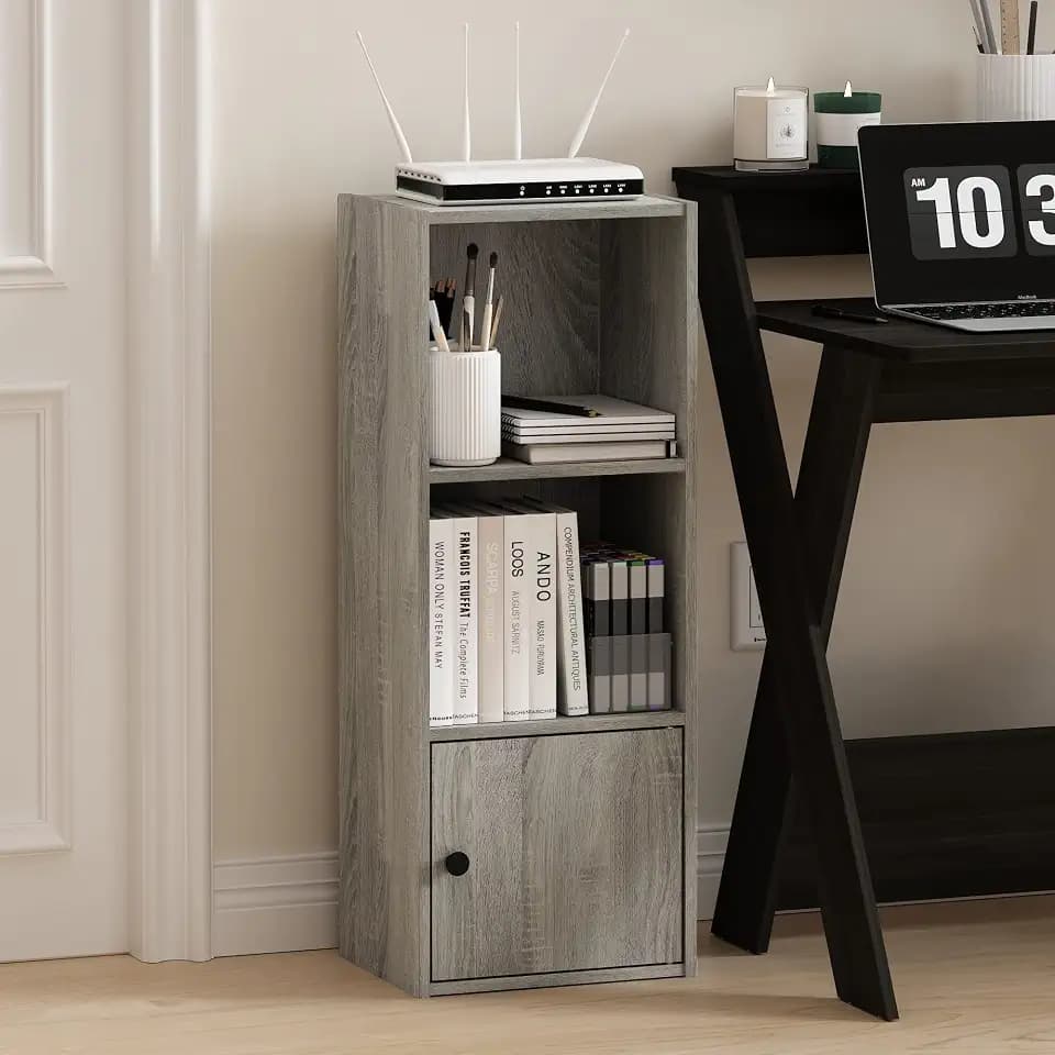 Furinno Luder 3-Tier Book Shelf with Closed Storage, Bookshelf, Bookcase with 1 Door, 9.3 x 12 x 31.5, for Living Room, Bedroom, Home Office, Grey Oak
