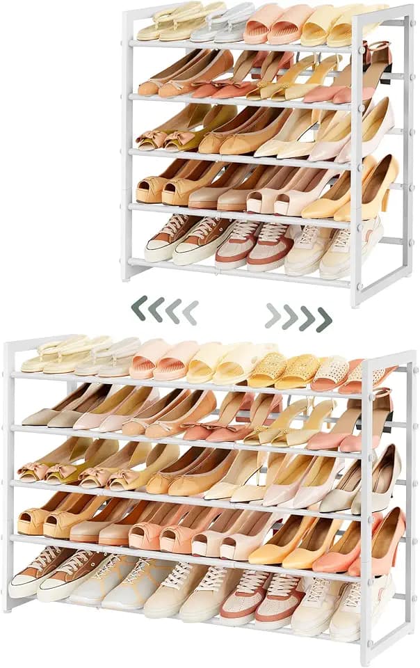 FAVOOSTY 5-Tier Expandable Shoe Rack, Adjustable Shoe Shelf Storage Organizer Space Saving Metal Free Standing Shoe Rack for Entryway Closet Doorway, White (White, 5 Tier)