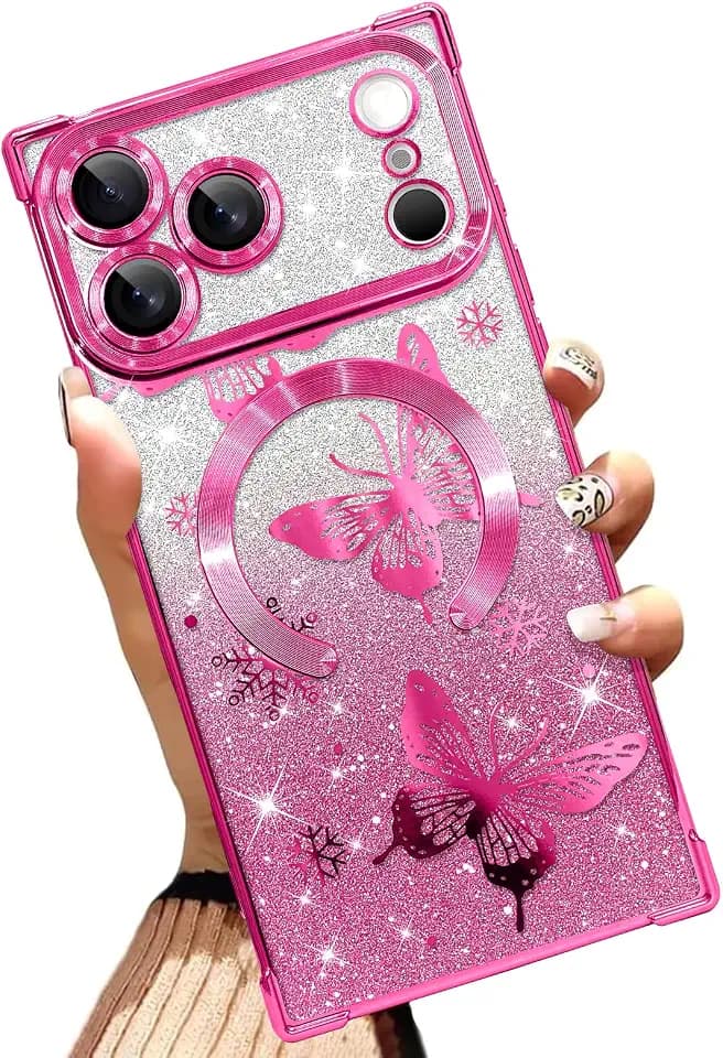 Glitter Phone Case Made for iPhone 17 Pro, Hot Pink Butterfly