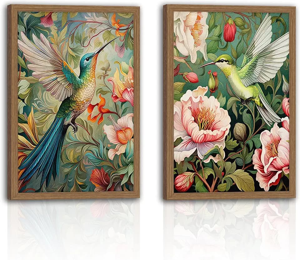 2Pcs Framed Vintage Hummingbird Wall Art, Floral Bird Wall Decor Paintings, Textured Nature Botanical Pictures Prints Aesthetic Home Decor for Living Room Bedroom Bathroom Office 12x16 inch