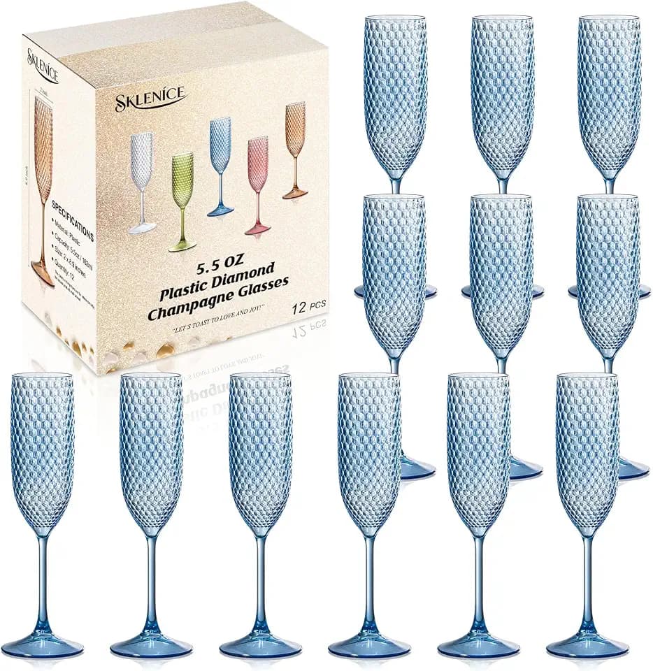 12 Pack Plastic Champagne Flutes Vintage Light Blue Goblet Champagne Glasses Unbreakable Wedding Toasting Glasses Diamond Wine Glasses Crystal Wine Cups Clear Drinking Glasses 5.5 OZ for Bridal Shower